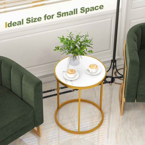 16 Inch Marble Top Round Side Table with Golden Metal Frame for Living Room Bedroom-Set of 2