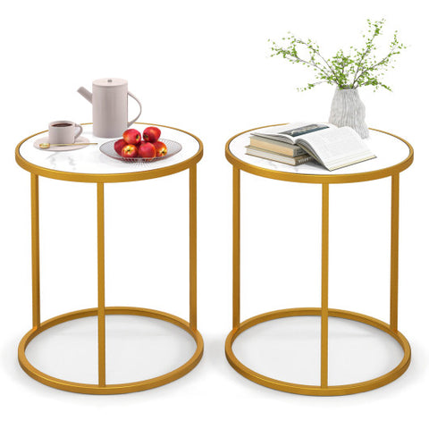 16 Inch Marble Top Round Side Table with Golden Metal Frame for Living Room Bedroom-Set of 2