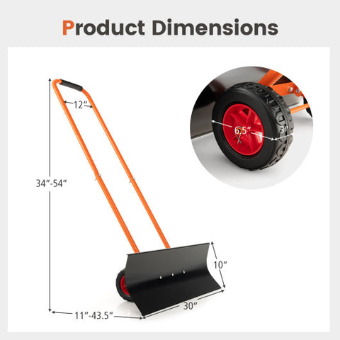 Snow Shovel with Wheels with 30 Inches Wide Blade and Adjustable Handle-Orange