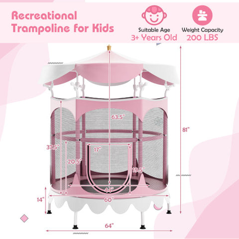 64" Kids Trampoline with Detachable Canopy and Safety Enclosure Net-Pink