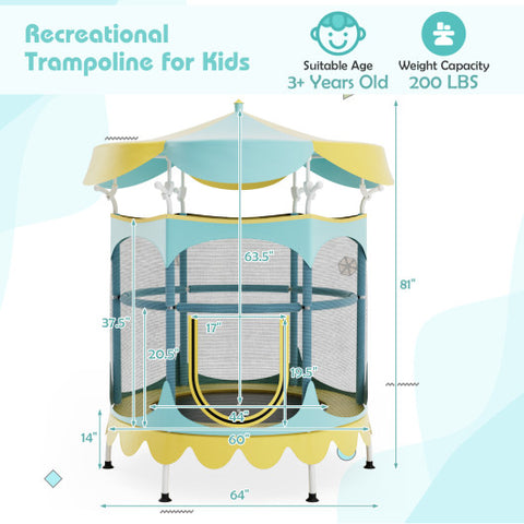 64" Kids Trampoline with Detachable Canopy and Safety Enclosure Net-Yellow