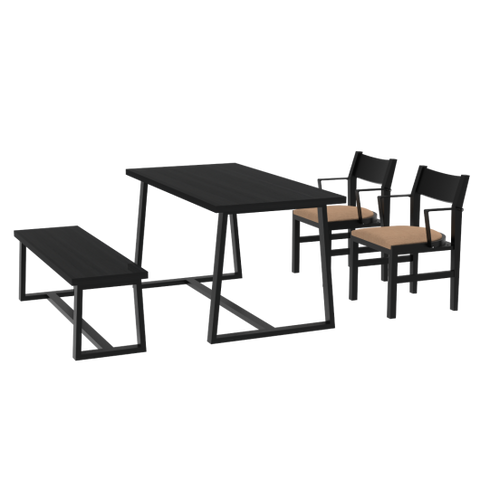 4-Person Dining Table Set with Chairs and Bench-Regular Design-Black-Brown