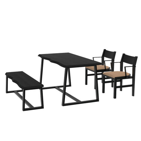 4-Person Dining Table Set with Chairs and Bench-Irregular Design-Black-Brown