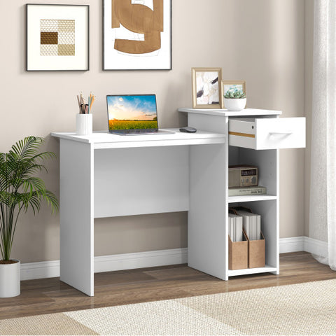 Computer Desk with Drawer Modern Laptop PC Desk with Adjustable Shelf and Cable Hole-White