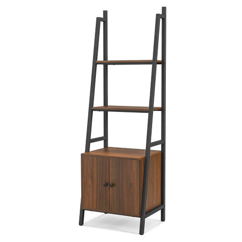 4-Tier Ladder Shelf with Cabinet and Metal Frame-Rustic Brown