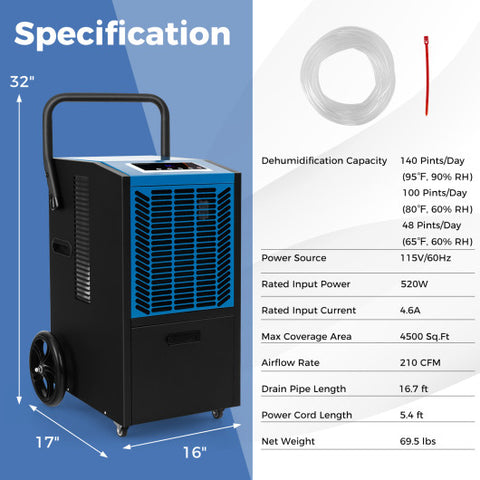 140 Pints Commercial Dehumidifier Crawl Space Dehumidifier with Pump and Drain Hose-Blue