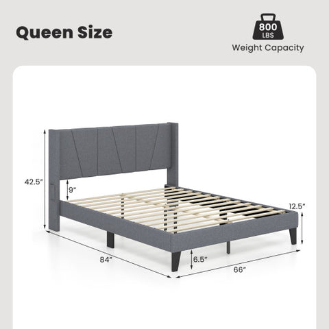 Full/Queen Size Bed Frame with Wingback Headboard and Wood Slat Support-Queen Size