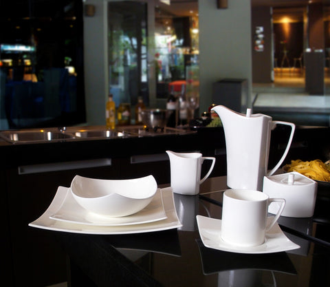 White Five Piece Square Bone China Dinnerware Set