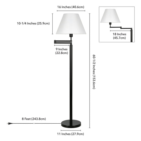 62" Black Swing Arm Floor Lamp With White Frosted Glass Empire Shade