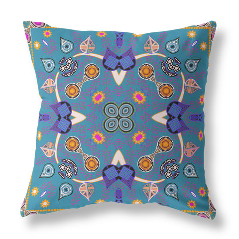 16" x 16" Blue and Gold Blown Seam Paisley Indoor Outdoor Throw Pillow