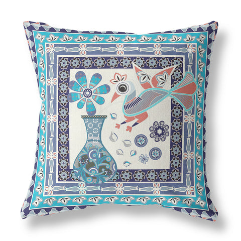 16" x 16" Blue and Off White Peacock Blown Seam Floral Indoor Outdoor Throw Pillow