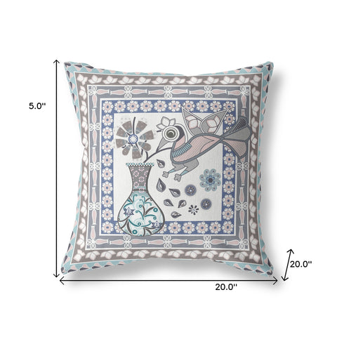 20" x 20" Blue and Gray Peacock Blown Seam Floral Indoor Outdoor Throw Pillow