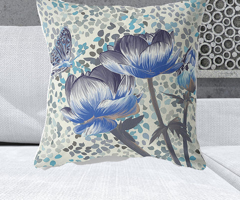 26" x 26" Indigo Butterfly Blown Seam Floral Indoor Outdoor Throw Pillow