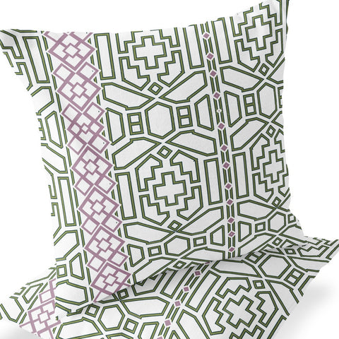 Set of Two 16" X 16" Green and White Blown Seam Geometric Indoor Outdoor Throw Pillow