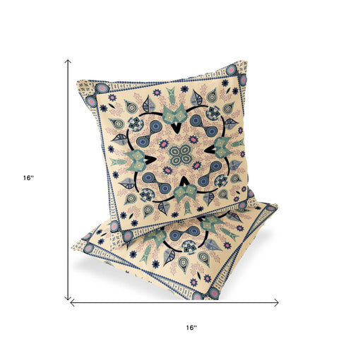 Set of Two 16" X 16" Beige and Black Blown Seam Paisley Indoor Outdoor Throw Pillow