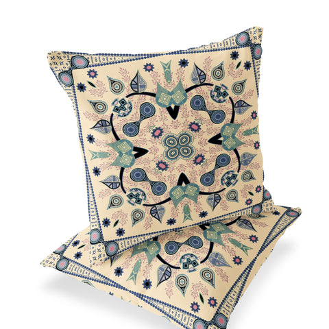 Set of Two 16" X 16" Beige and Black Blown Seam Paisley Indoor Outdoor Throw Pillow