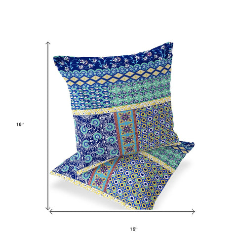 Set of Two 16" X 16" Blue and Yellow Blown Seam Floral Indoor Outdoor Throw Pillows