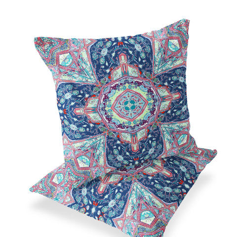 Set of Two 16" X 16" Blue and Pink Blown Seam Floral Indoor Outdoor Throw Pillow