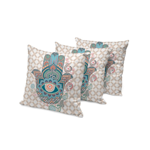 Set of Three 16" X 16" Blue and Orange Blown Seam Hamsa Indoor Outdoor Throw Pillow