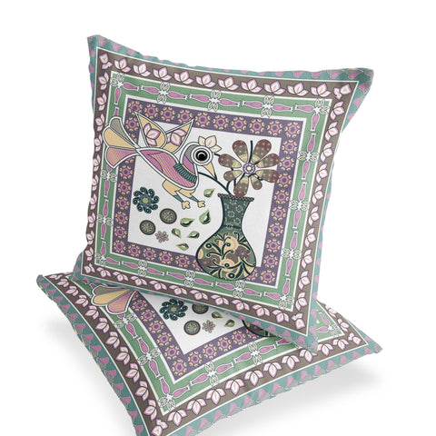 Set of Two 16" X 16" Pink and Brown Peacock Blown Seam Floral Indoor Outdoor Throw Pillow