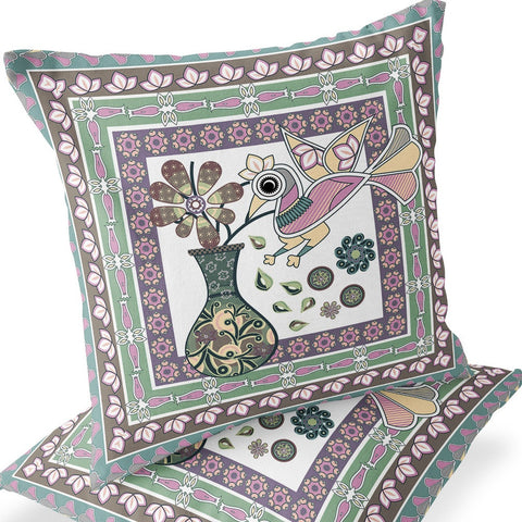 Set of Two 16" X 16" Pink and Brown Peacock Blown Seam Floral Indoor Outdoor Throw Pillow