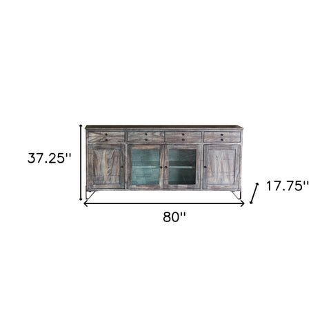 80" Gray Solid Wood Cabinet Enclosed Storage Distressed TV Stand