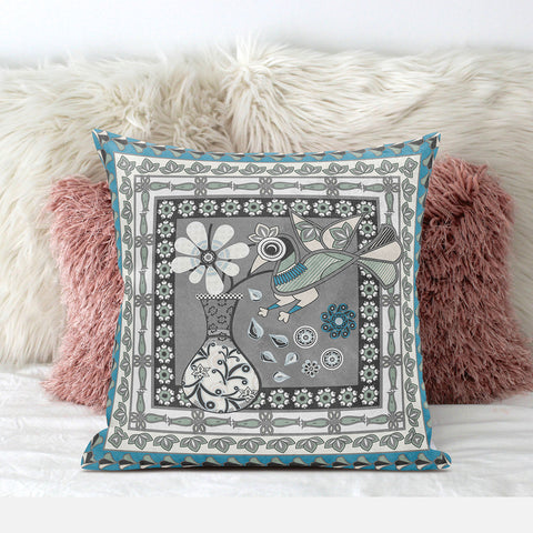 20" x 20" Gray and White Peacock Blown Seam Floral Indoor Outdoor Throw Pillow