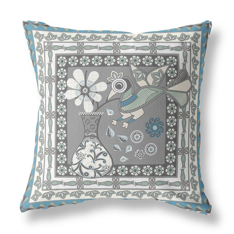 20" x 20" Gray and White Peacock Blown Seam Floral Indoor Outdoor Throw Pillow