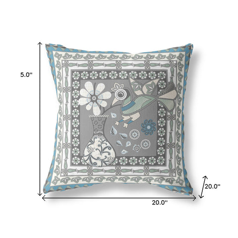 20" x 20" Gray and White Peacock Blown Seam Floral Indoor Outdoor Throw Pillow