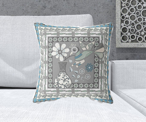 20" x 20" Gray and White Peacock Blown Seam Floral Indoor Outdoor Throw Pillow