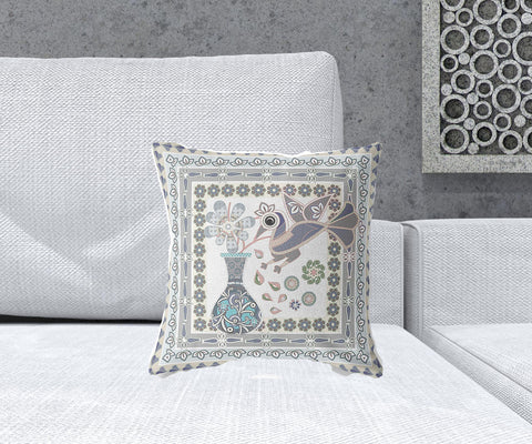 16" x 16" Gray Peacock Blown Seam Floral Indoor Outdoor Throw Pillow