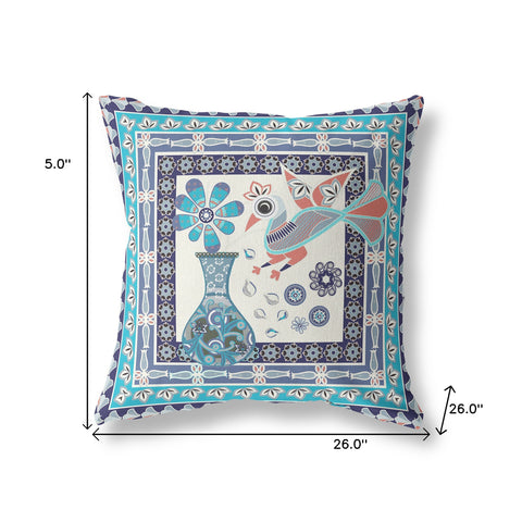 26" x 26" Blue and Off White Peacock Blown Seam Floral Indoor Outdoor Throw Pillow