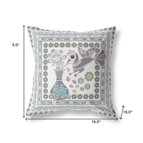 16" x 16" Gray Peacock Blown Seam Floral Indoor Outdoor Throw Pillow