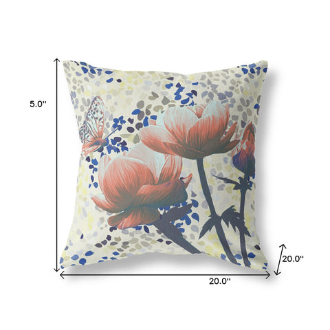 20" x 20" Orange Butterfly Blown Seam Floral Indoor Outdoor Throw Pillow