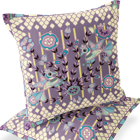 Set of Two 16" X 16" Blue and Purple Peacock Blown Seam Floral Indoor Outdoor Throw Pillow