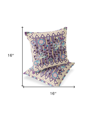 Set of Two 16" X 16" Blue and Purple Peacock Blown Seam Floral Indoor Outdoor Throw Pillow