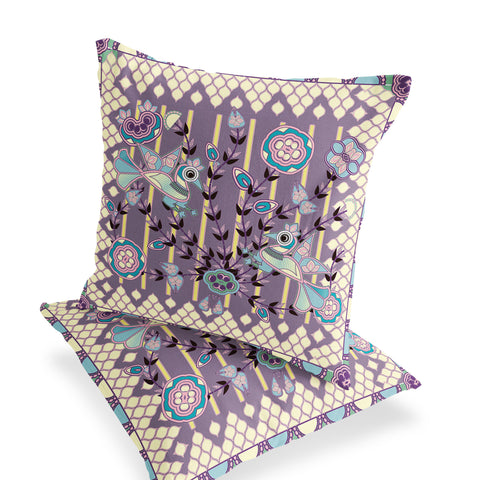 Set of Two 16" X 16" Blue and Purple Peacock Blown Seam Floral Indoor Outdoor Throw Pillow