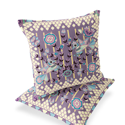 Set of Two 16" X 16" Blue and Purple Peacock Blown Seam Floral Indoor Outdoor Throw Pillow