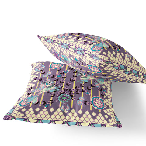 Set of Two 16" X 16" Blue and Purple Peacock Blown Seam Floral Indoor Outdoor Throw Pillow