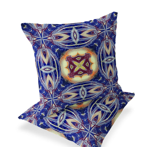 Set of Two 16" X 16" Blue and Orange Blown Seam Floral Indoor Outdoor Throw Pillow