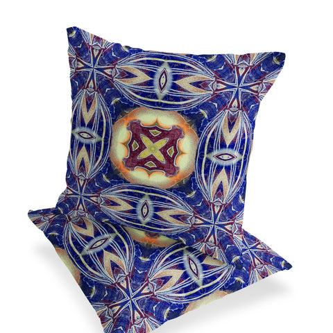 Set of Two 16" X 16" Blue and Orange Blown Seam Floral Indoor Outdoor Throw Pillow