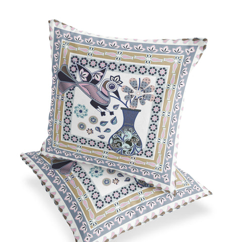 Set of Two 16" X 16" Beige and White Peacock Blown Seam Floral Indoor Outdoor Throw Pillow