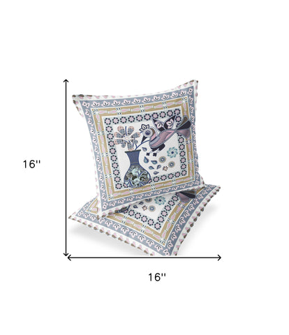 Set of Two 16" X 16" Beige and White Peacock Blown Seam Floral Indoor Outdoor Throw Pillow