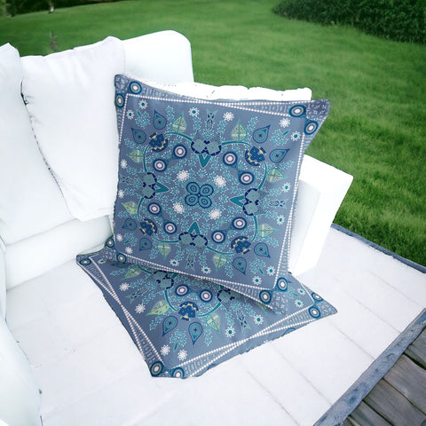 Set of Two 16" X 16" Blue and White Blown Seam Paisley Indoor Outdoor Throw Pillow