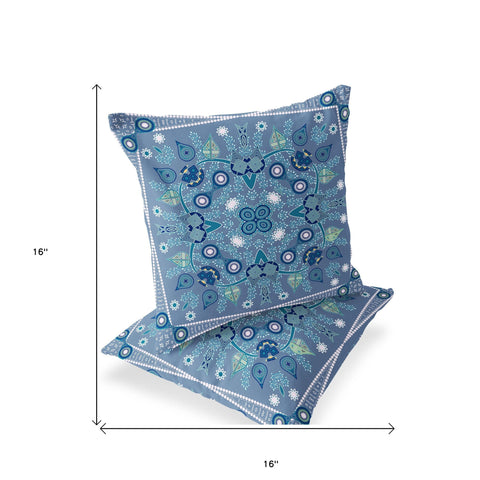 Set of Two 16" X 16" Blue and White Blown Seam Paisley Indoor Outdoor Throw Pillow