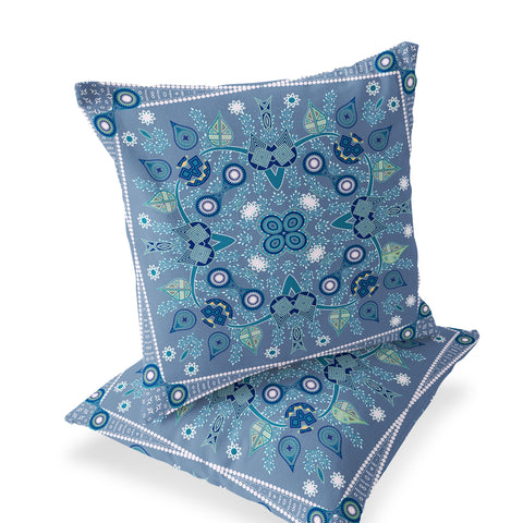 Set of Two 16" X 16" Blue and White Blown Seam Paisley Indoor Outdoor Throw Pillow