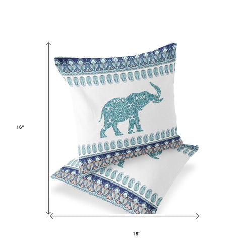 Set of Two 16" X 16" Blue and White Elephant Blown Seam Paisley Indoor Outdoor Throw Pillow