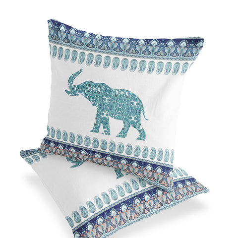 Set of Two 16" X 16" Blue and White Elephant Blown Seam Paisley Indoor Outdoor Throw Pillow