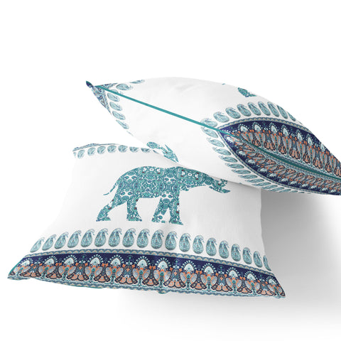 Set of Two 16" X 16" Blue and White Elephant Blown Seam Paisley Indoor Outdoor Throw Pillow