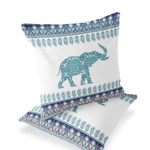 Set of Two 16" X 16" Blue and White Elephant Blown Seam Paisley Indoor Outdoor Throw Pillow